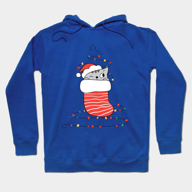 Cat in red sock with Christmas light. Hoodie by stark.shop